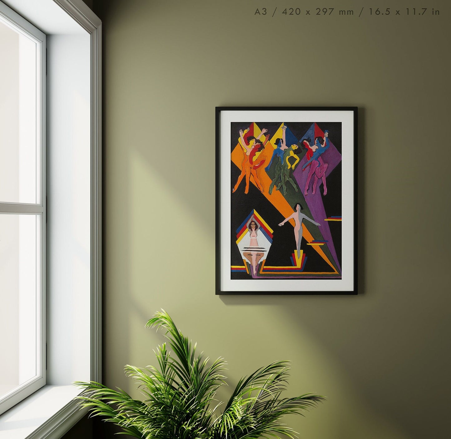 Preview of the art print Dancing Girls in Colourful Rays by Ernst Ludwig Kirchner, mounted in an A3 size frame