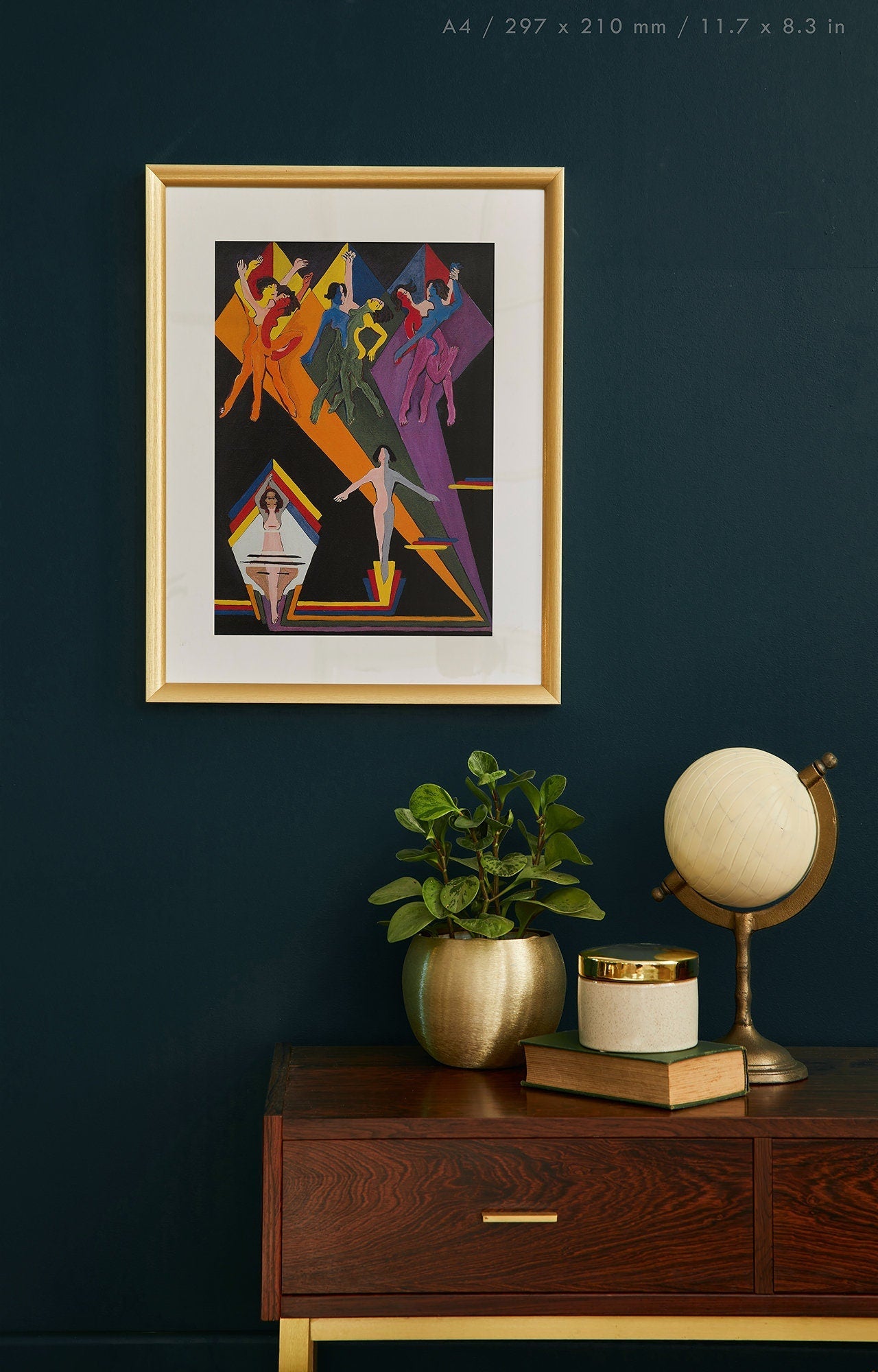 Preview of the art print Dancing Girls in Colourful Rays by Ernst Ludwig Kirchner, mounted in an A4 size frame