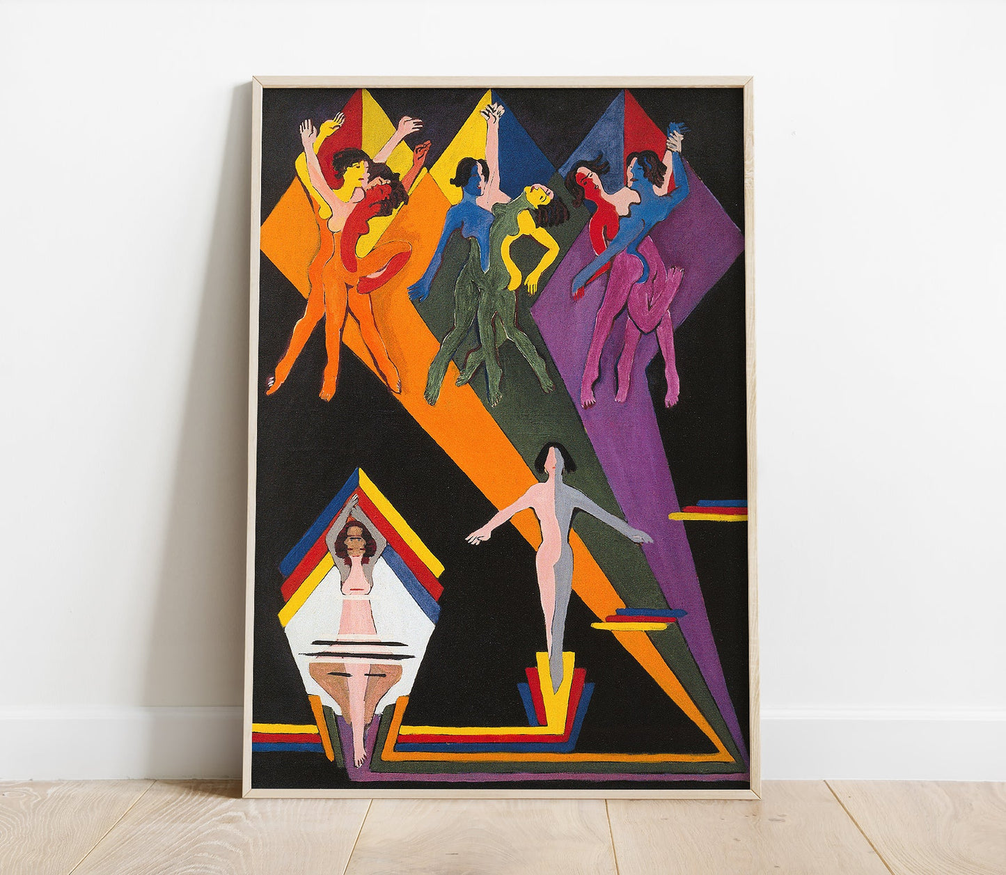 Preview of the art print Dancing Girls in Colourful Rays by Ernst Ludwig Kirchner, mounted in a poster frame