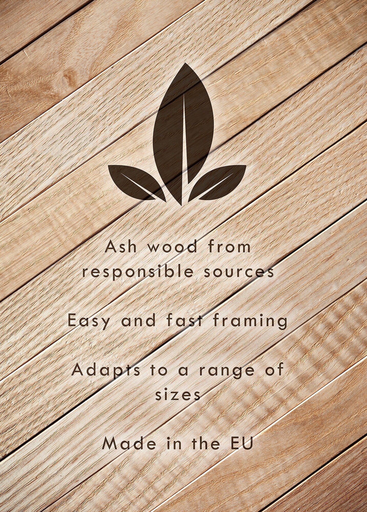 List of characteristics of magnetic hanger frames: Ash wood from responsible sources, easy and fast framing, adapts to a range of sizes, made in the EU