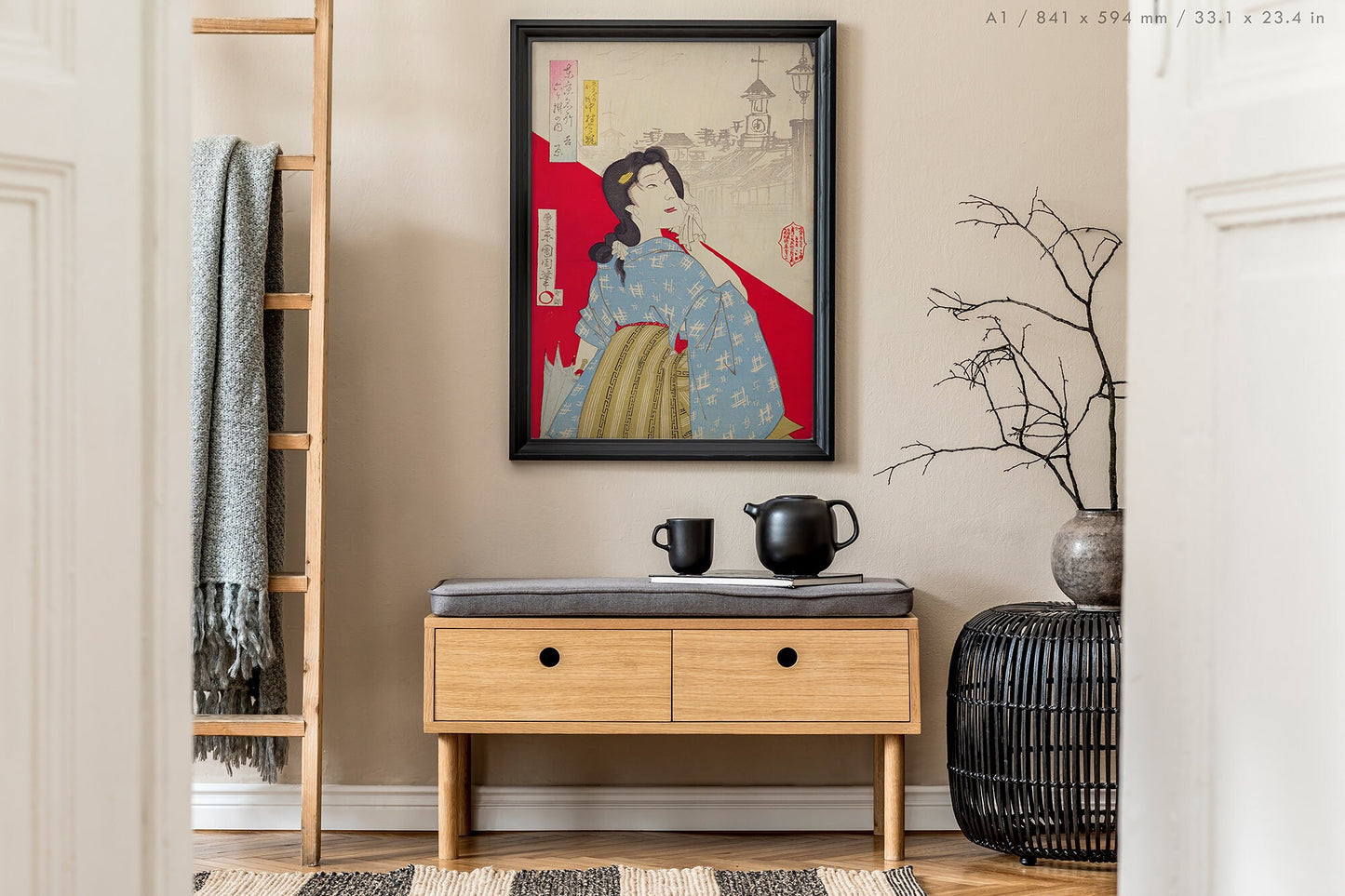 Preview of the art print Red and White by Toyohara Kunichika, mounted in an A1 size frame