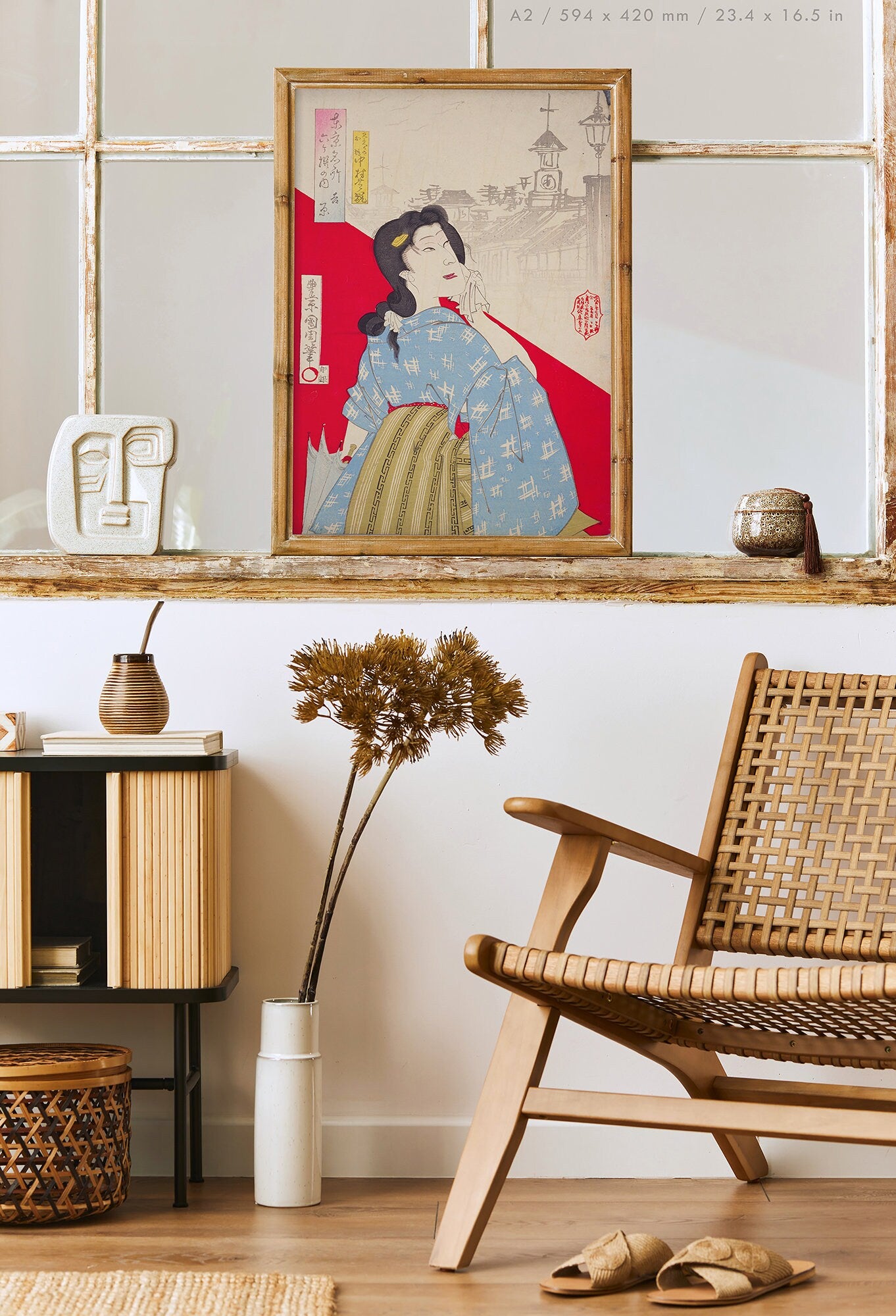 Preview of the art print Red and White by Toyohara Kunichika, mounted in an A2 size frame