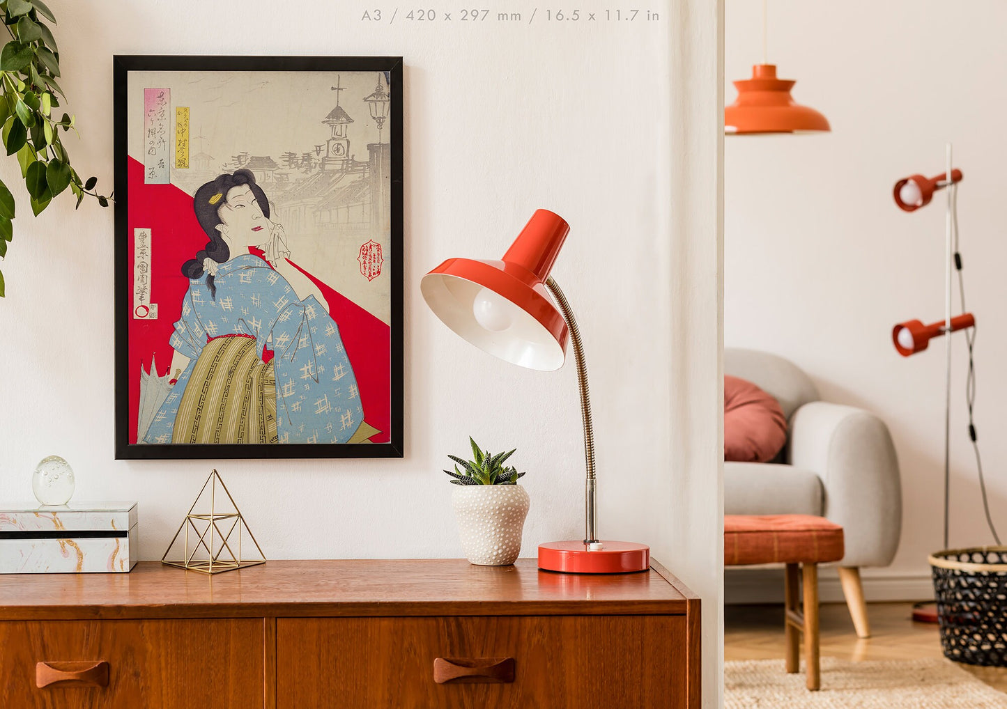 Preview of the art print Red and White by Toyohara Kunichika, mounted in an A3 size frame