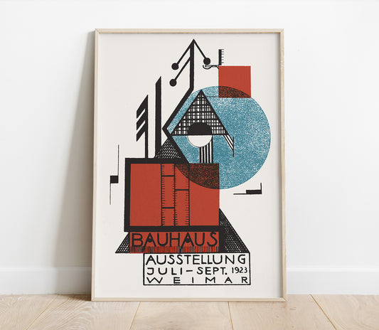 Preview of the poster for the Bauhaus Weimar Exhibition by Rudolf Baschant, mounted in a poster frame