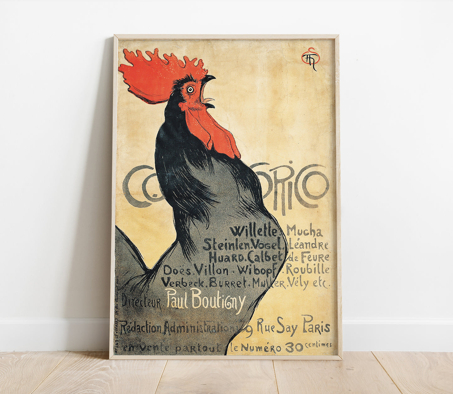 Preview of the Cocorico poster by Théophile Steinlen, mounted in a poster frame