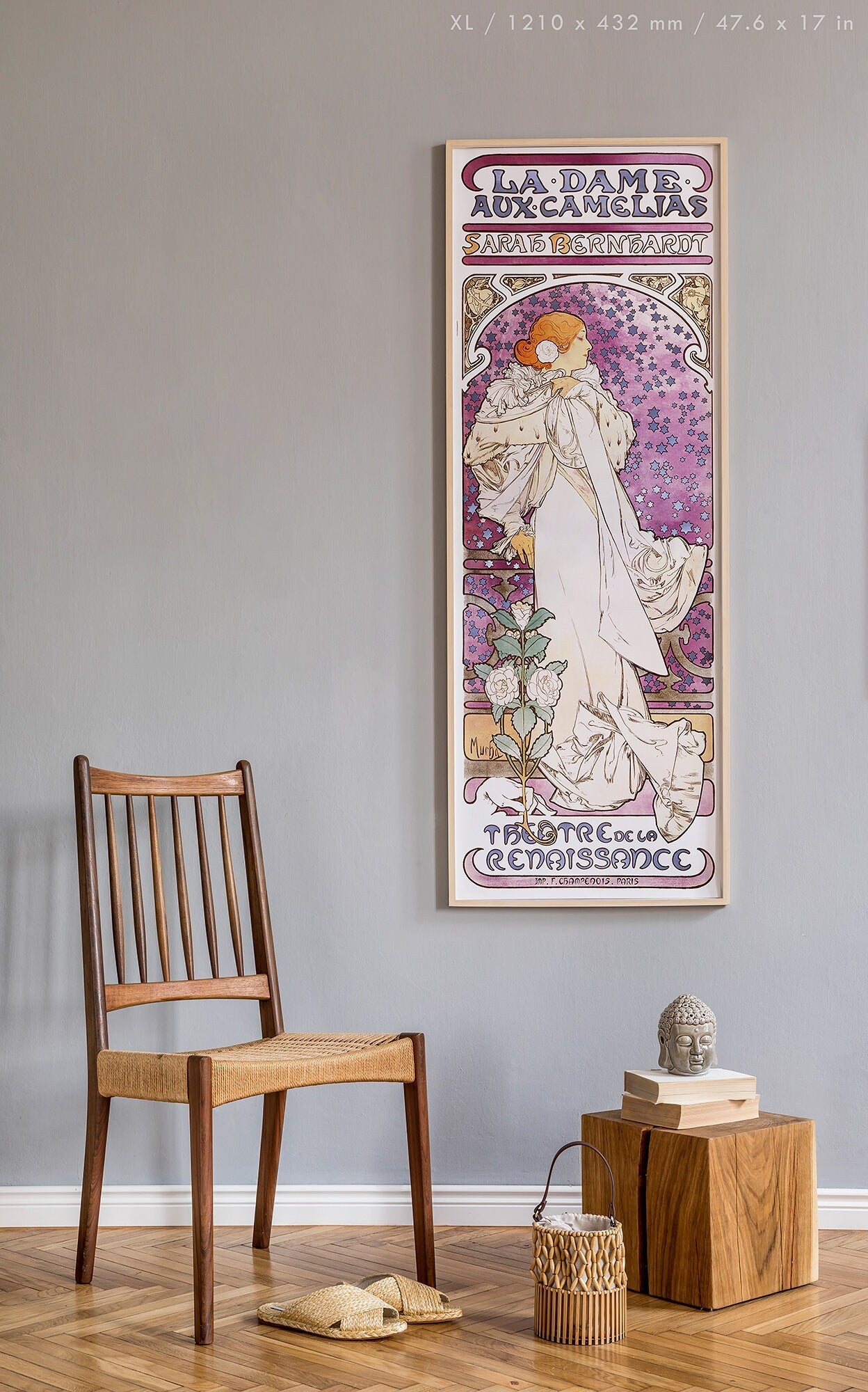 Preview of the art print La Dame aux Camélias by Alphonse Mucha, mounted in an XL frame