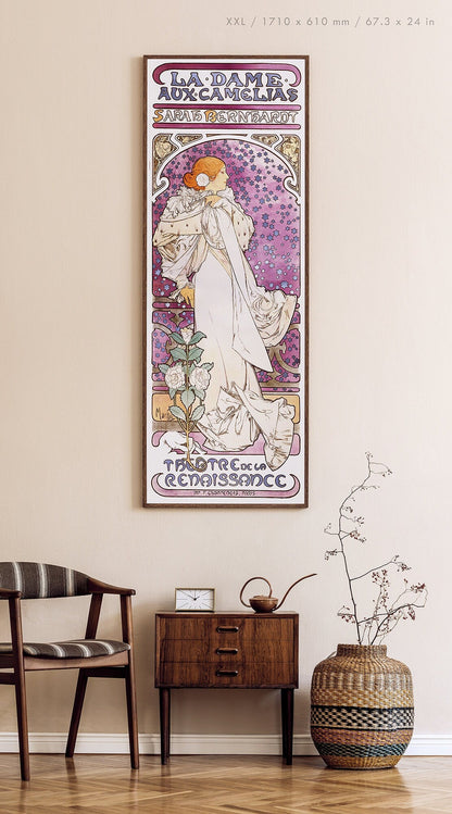 Preview of the art print La Dame aux Camélias by Alphonse Mucha, mounted in an XXL frame