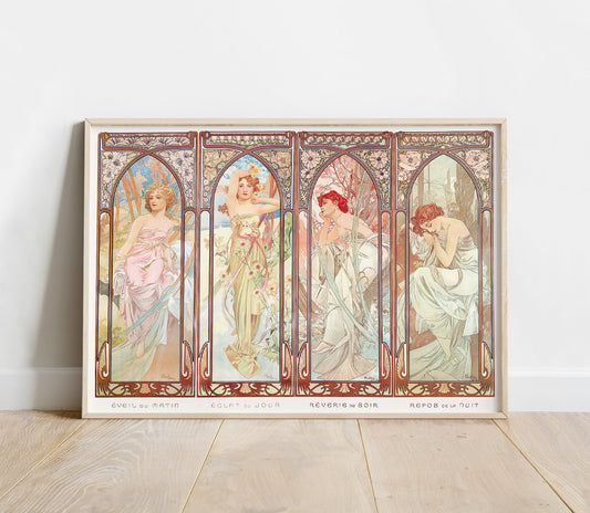 Preview of the art print Les Heures du Jour by Alphonse Mucha, mounted in a poster frame