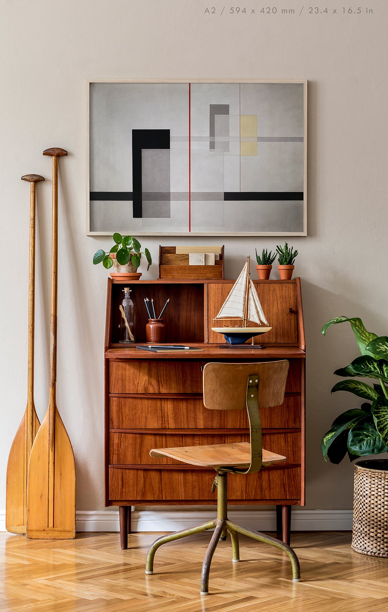 K VII 1922 by László Moholy-Nagy, Bauhaus linear composition print mounted in A2 frame