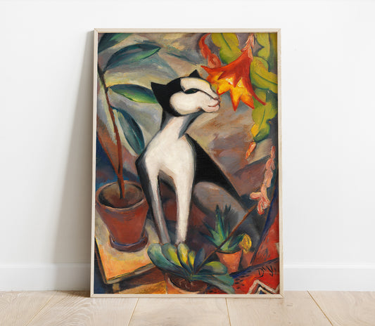 Preview of the art print Katze mit Kakteenblüte by Dorothea Maetzel-Johannsen, mounted in a poster frame