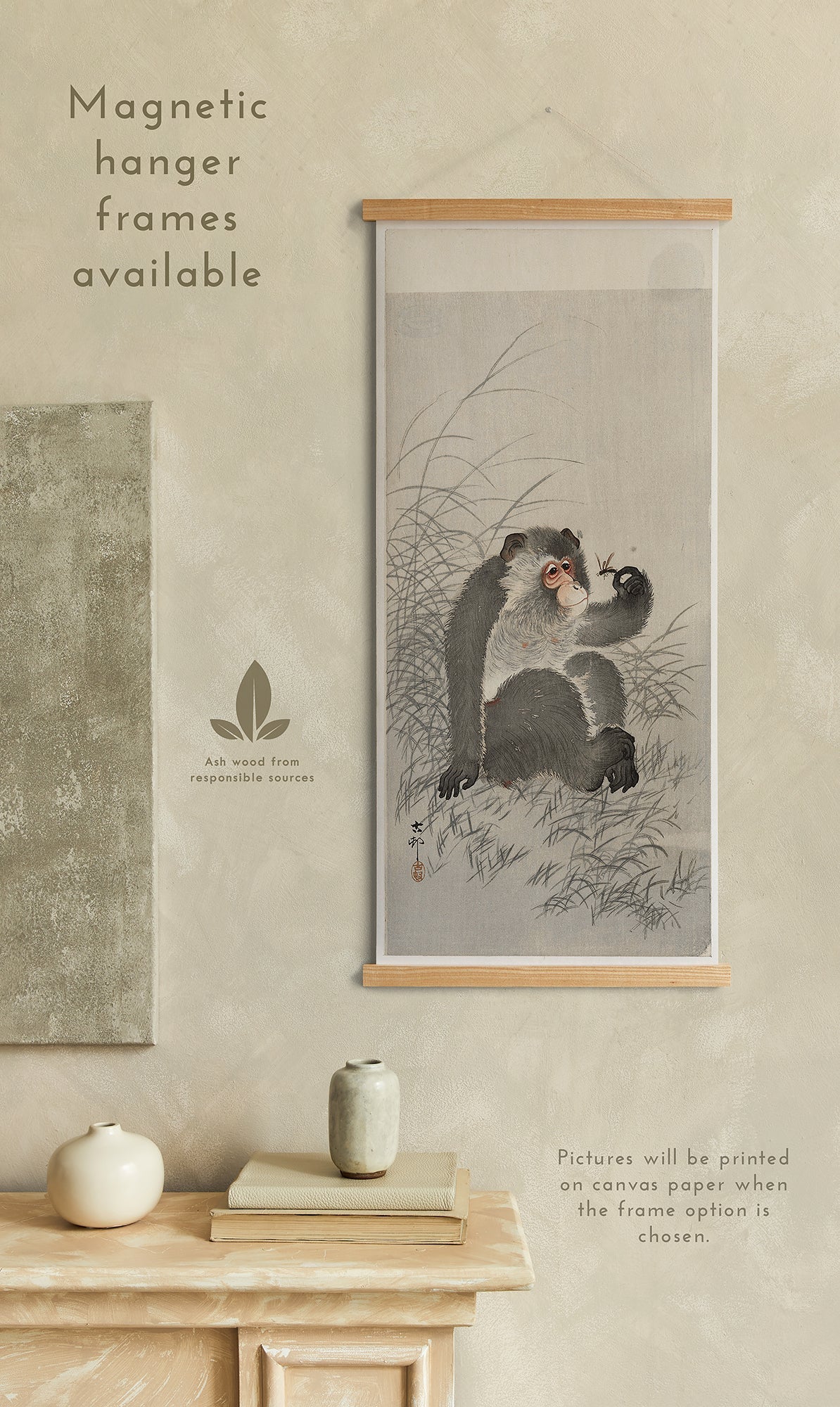 Preview of the art print Monkey With Insect by Ohara Koson, mounted in a magnetic hanger frame