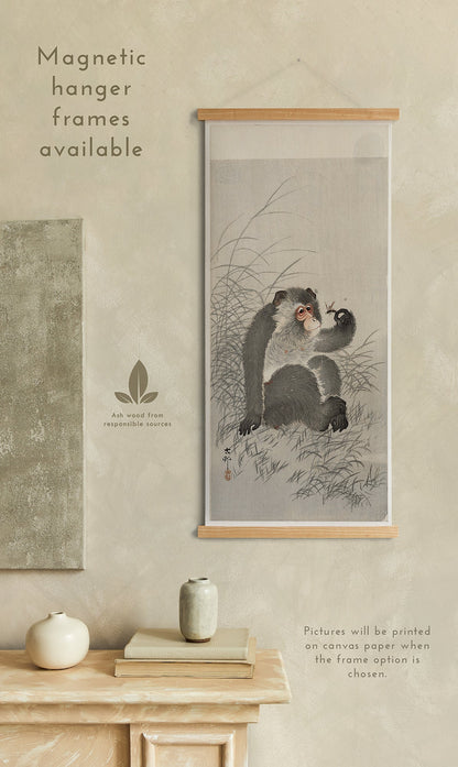 Preview of the art print Monkey With Insect by Ohara Koson, mounted in a magnetic hanger frame