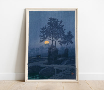 Preview of the art print Moon at Gamo by Kawase Hasui, mounted in a poster frame