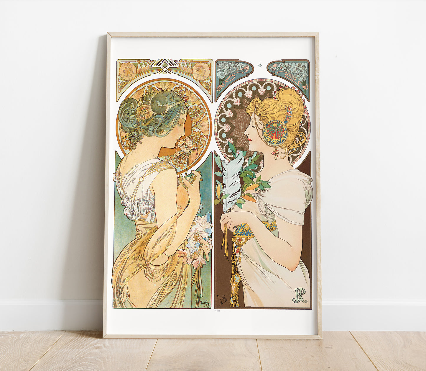 Preview of the art print La Primevere and La Plume by Alphonse Mucha, mounted in a poster frame