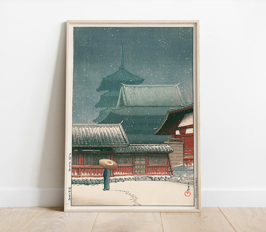 Preview of the art print Tennōji Temple in Osaka by Kawase Hasui, mounted in a poster frame