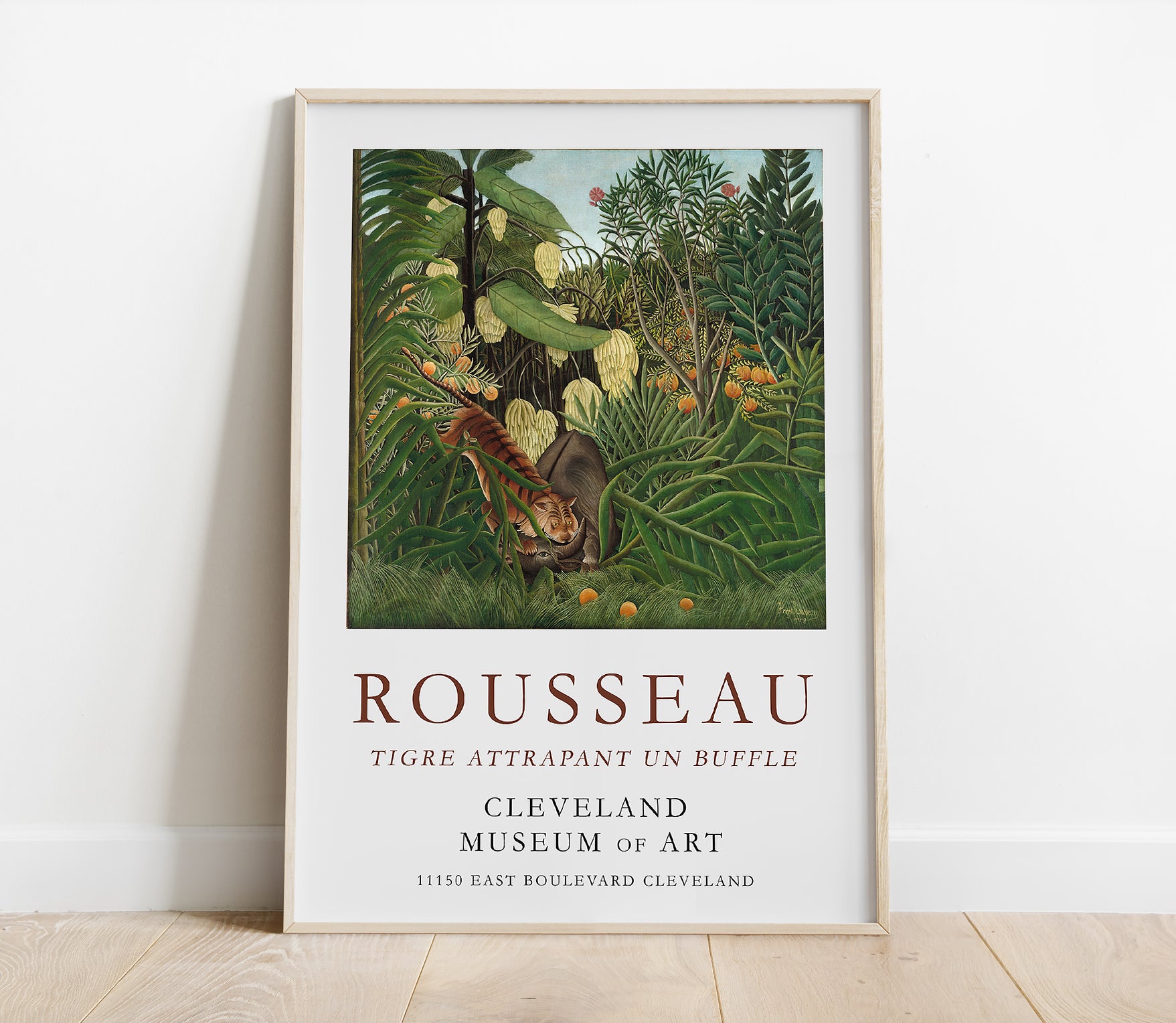 Preview of the art print Fight Between a Tiger and a Buffalo by Henri Rousseau, mounted in a poster frame