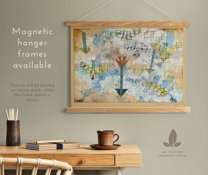 Preview of the art print Birds Swooping Down and Arrows by Paul Klee, mounted in a magnetic hanger frame