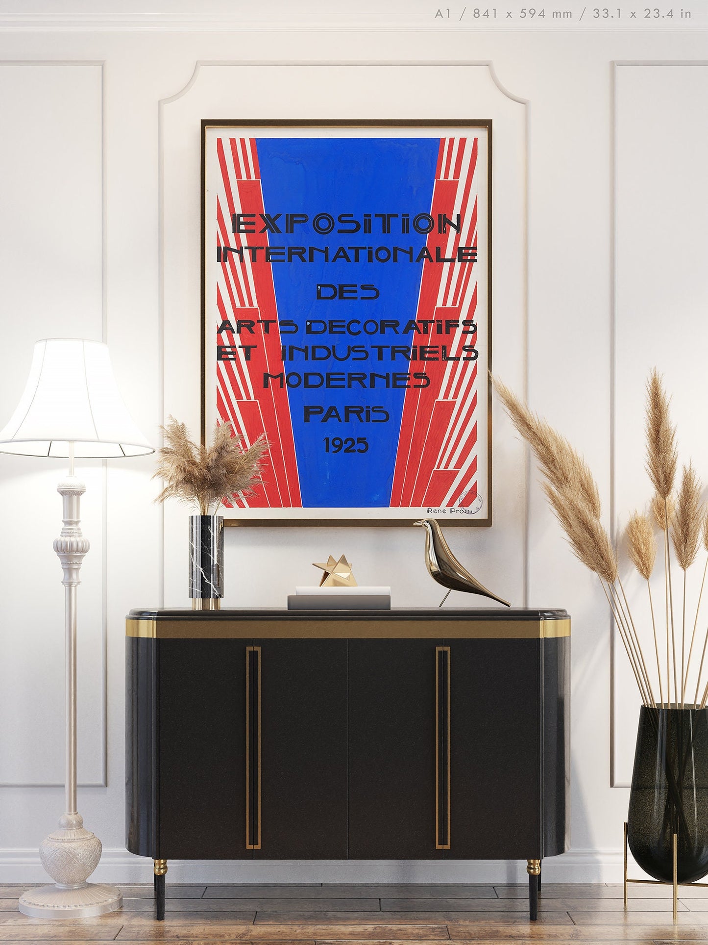 Preview of the art poster for the Exposition Internationale des Arts Decoratifs et Industriels Modernes by René Prou, mounted in an A1 size frame