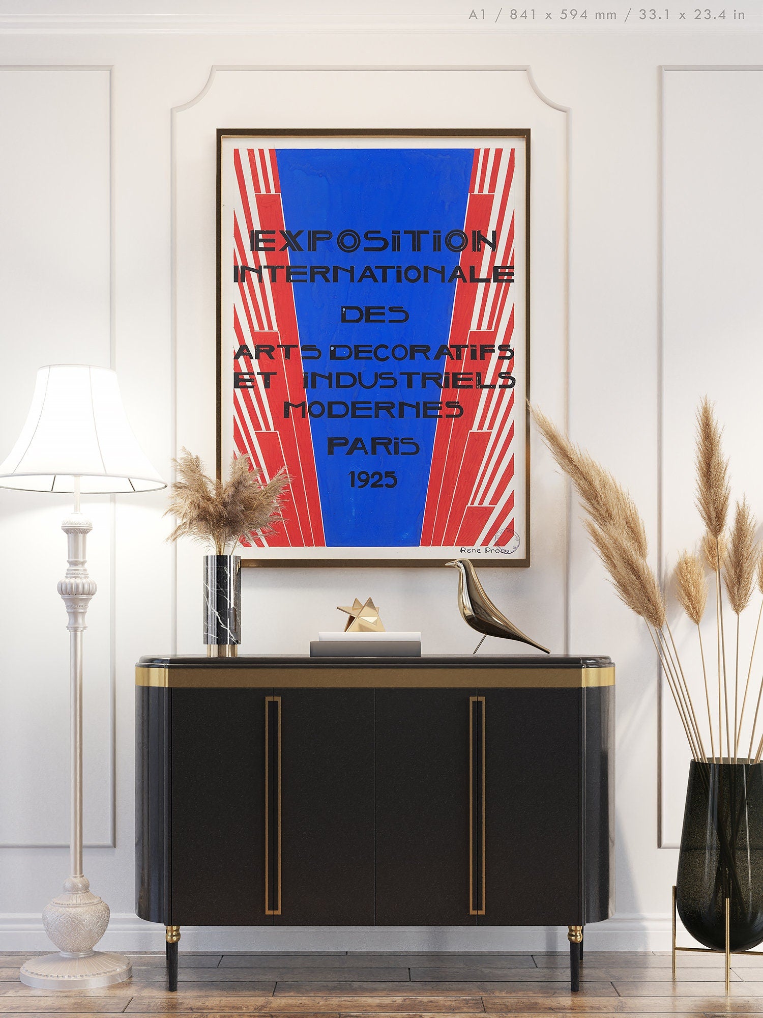 Preview of the art poster for the Exposition Internationale des Arts Decoratifs et Industriels Modernes by René Prou, mounted in an A1 size frame