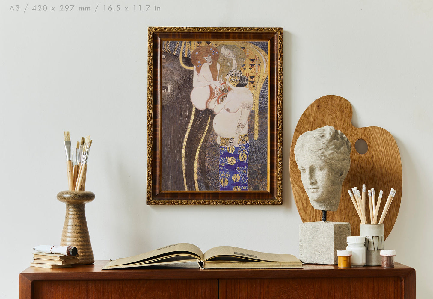 Preview of the art print Die Feindlichen Gewalten - Beethoven Frieze by Gustav Klimt, mounted in an A3 size frame