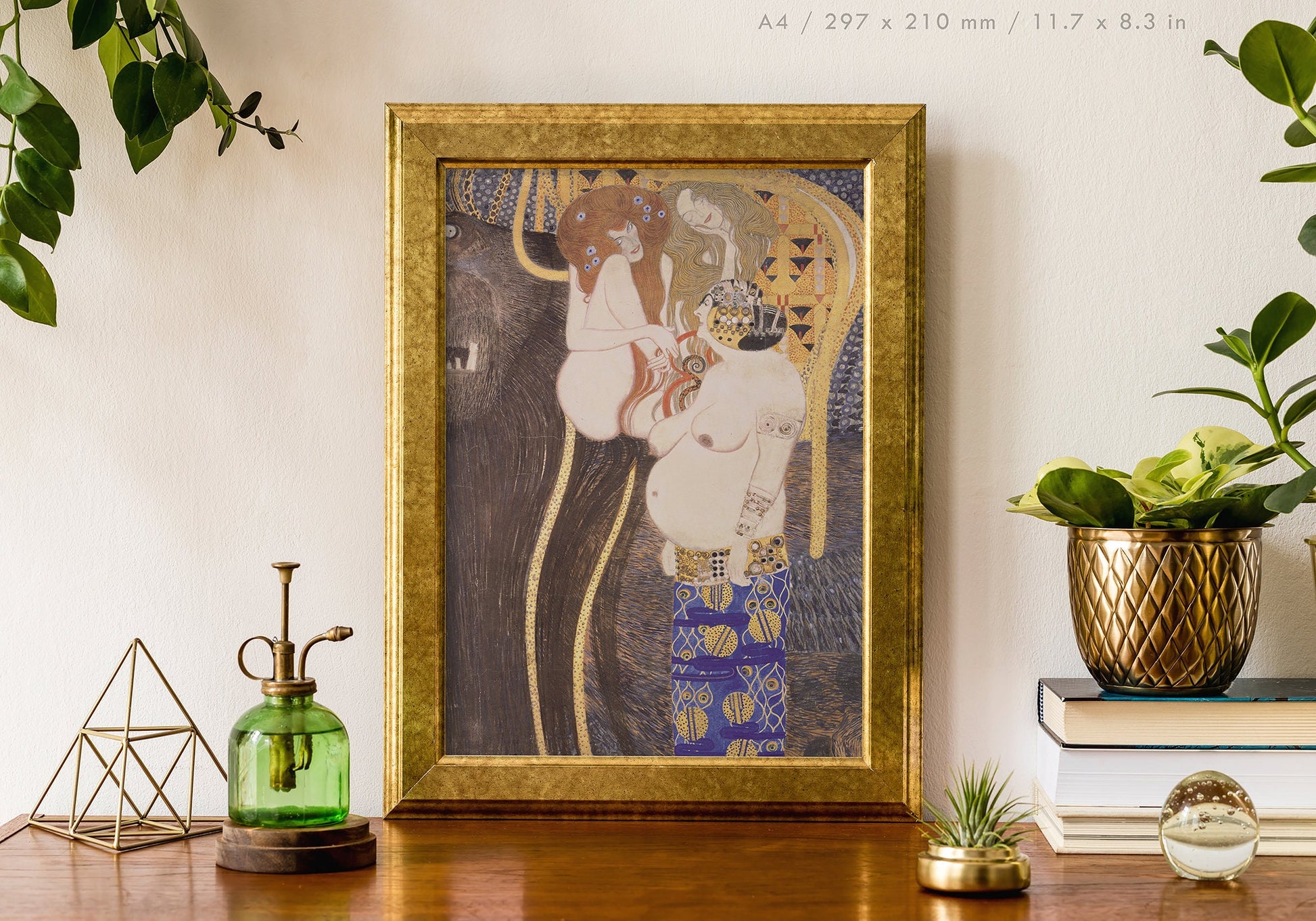 Preview of the art print Die Feindlichen Gewalten - Beethoven Frieze by Gustav Klimt, mounted in an A4 size frame