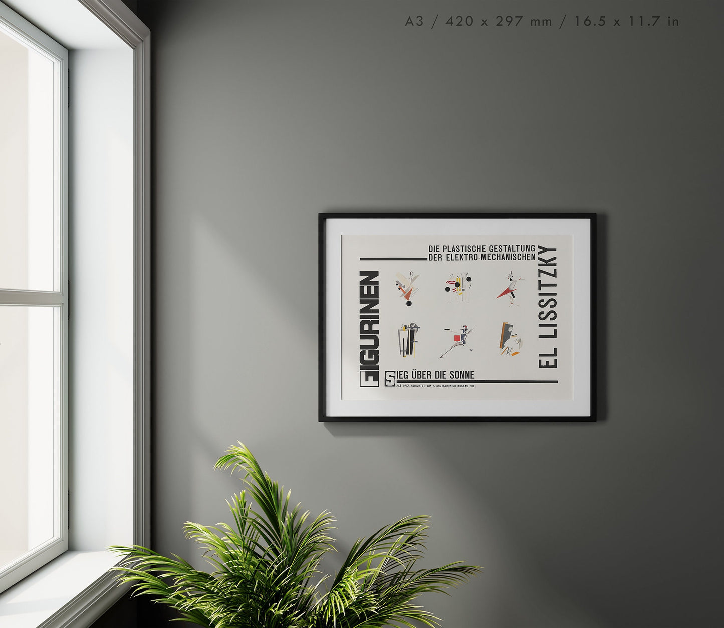 Preview of the art print Figurines: The Three-Dimensional Design of the Electro-Mechanical Show Victory over the Sun by El Lissitzky, mounted in an A3 size frame