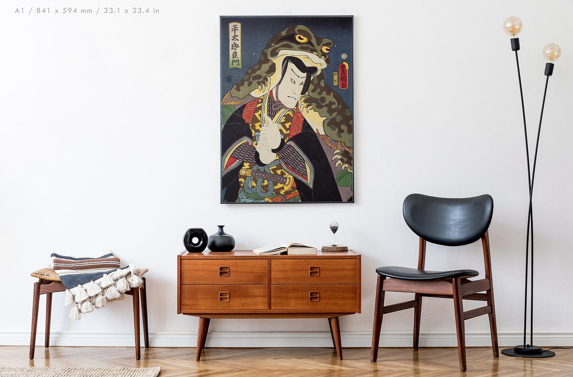 Preview of the art print Frog Samurai by Utagawa Kunisada, mounted in an A1 size frame