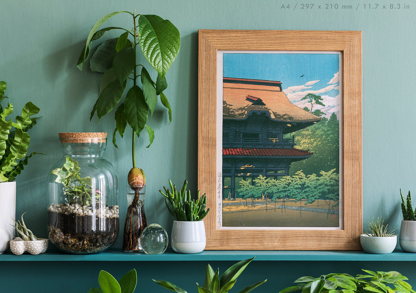 Preview of the art print Kencho Temple by Kawase Hasui, mounted in an A4 size frame