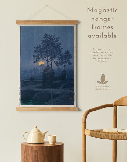 Preview of the art print Moon at Gamo by Kawase Hasui, mounted in a magnetic hanger frame