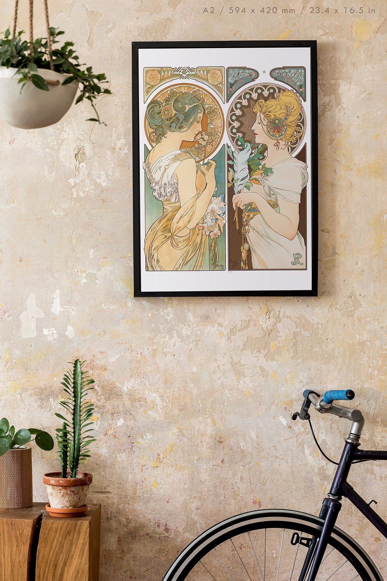 Preview of the art print La Primevere and La Plume by Alphonse Mucha, mounted in an A2 size frame