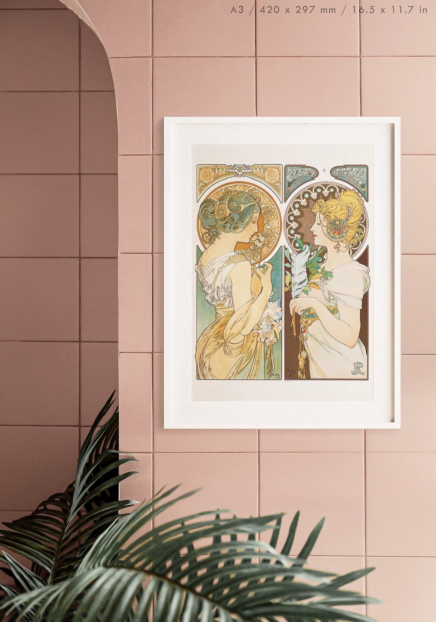 Preview of the art print La Primevere and La Plume by Alphonse Mucha, mounted in an A3 size frame