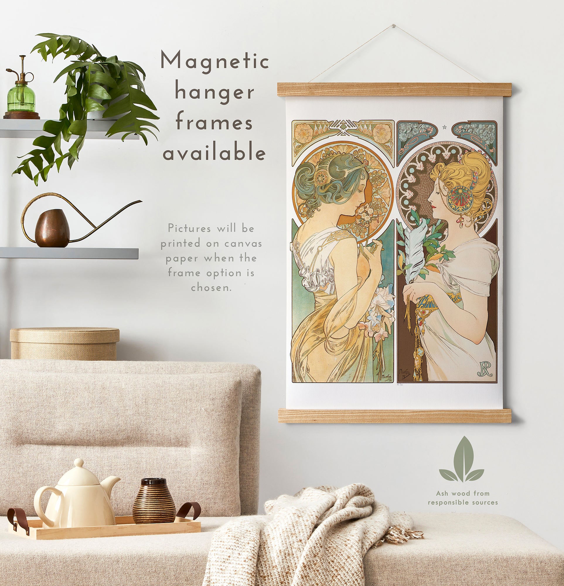 Preview of the art print La Primevere and La Plume by Alphonse Mucha, mounted in a magnetic hanger frame