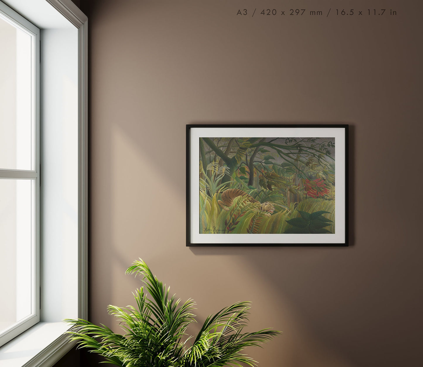 Preview of the art print Surprise by Henri Rousseau, mounted in an A3 size frame