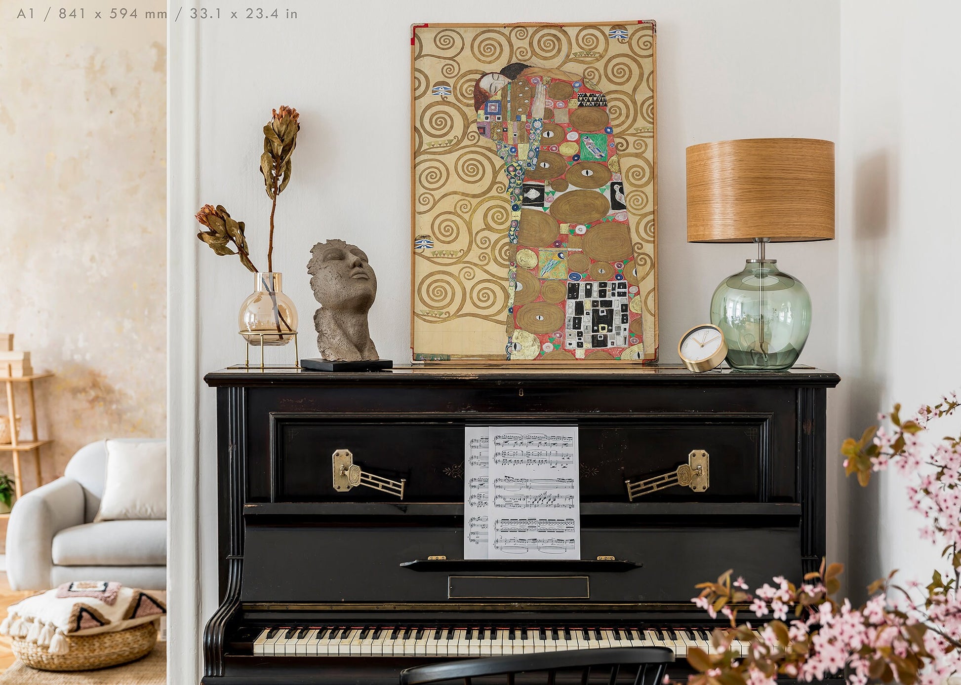 Preview of the art print Die Umarmung - Stoclet Fries by Gustav Klimt, mounted in an A1 size frame