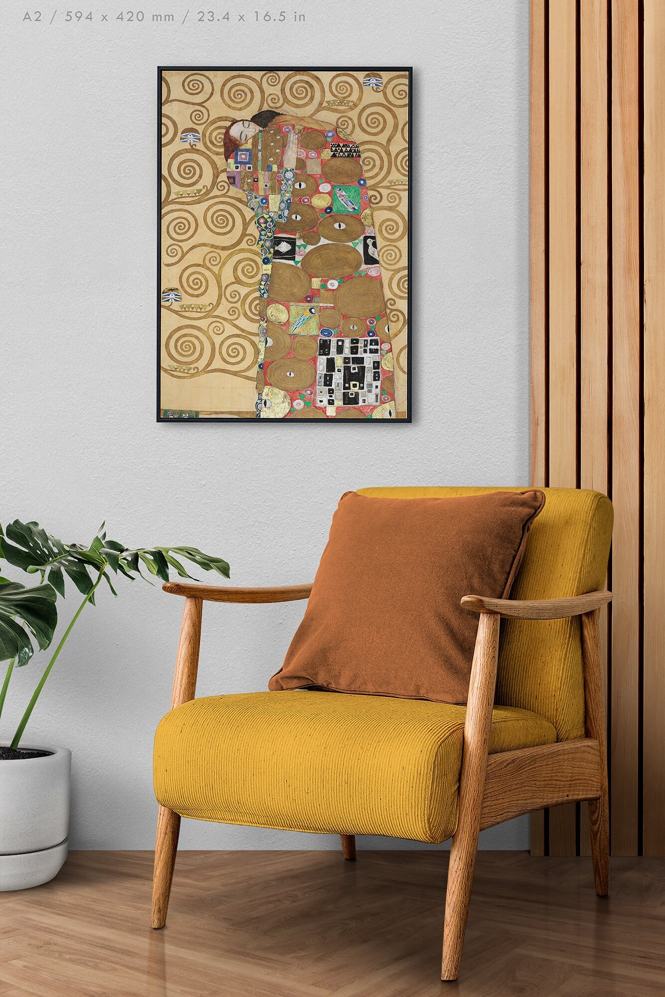 Preview of the art print Die Umarmung - Stoclet Fries by Gustav Klimt, mounted in an A2 size frame