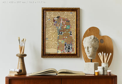 Preview of the art print Die Umarmung - Stoclet Fries by Gustav Klimt, mounted in an A3 size frame