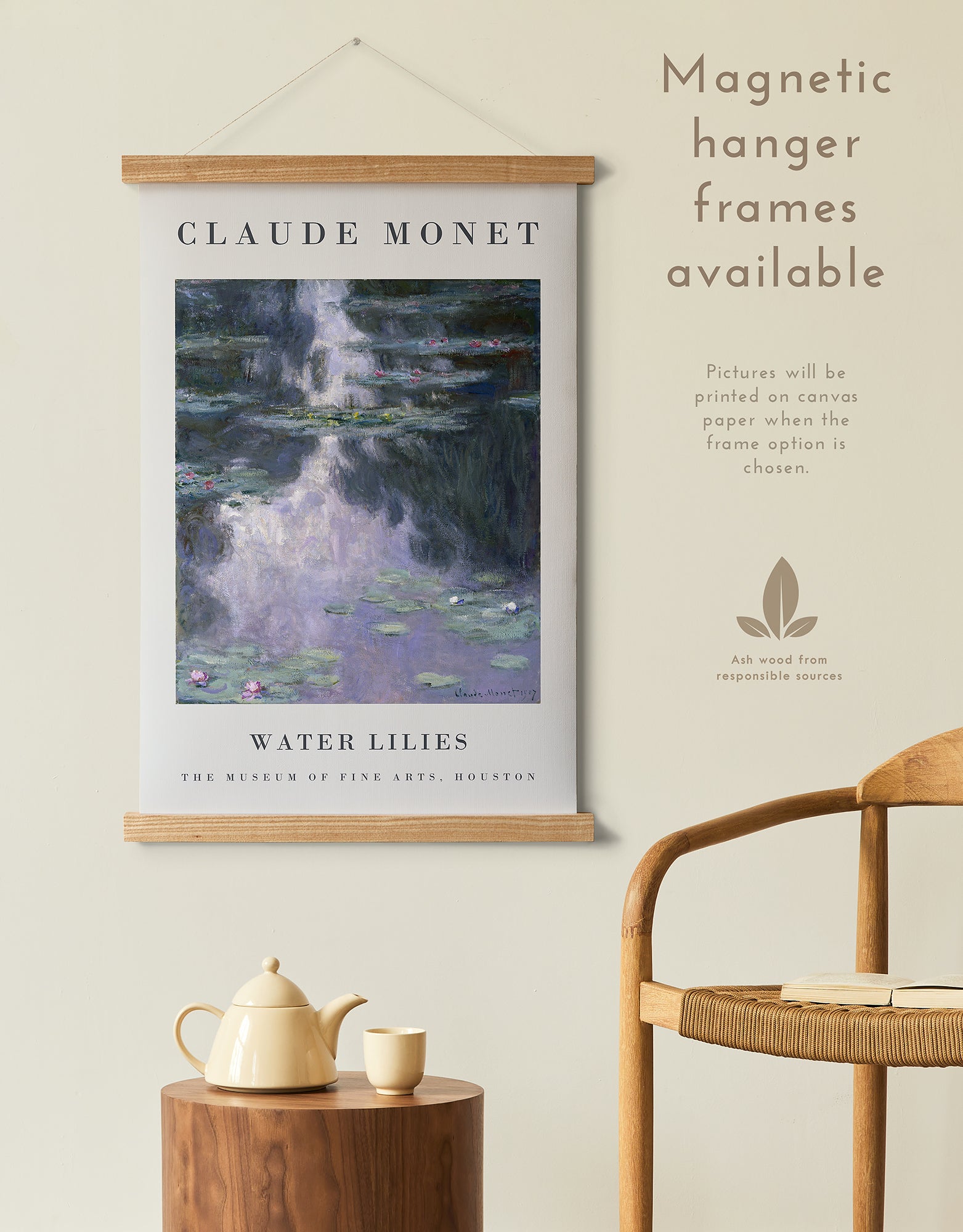 Preview of the art print Water Lilies by Claude Monet, mounted in a magnetic hanger frame