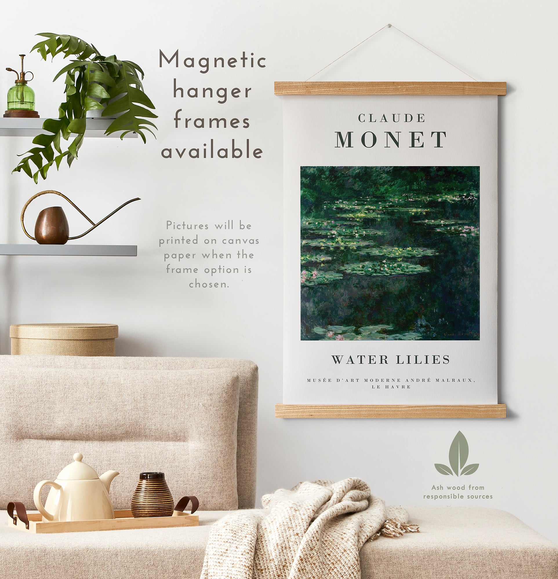 Preview of the art print Water Lilies by Claude Monet, mounted in a magnetic hanger frame