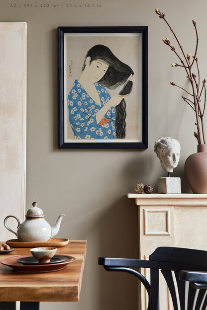 Preview of the art print Woman Combing Hair by Goyo Hashiguchi, mounted in an A2 size frame