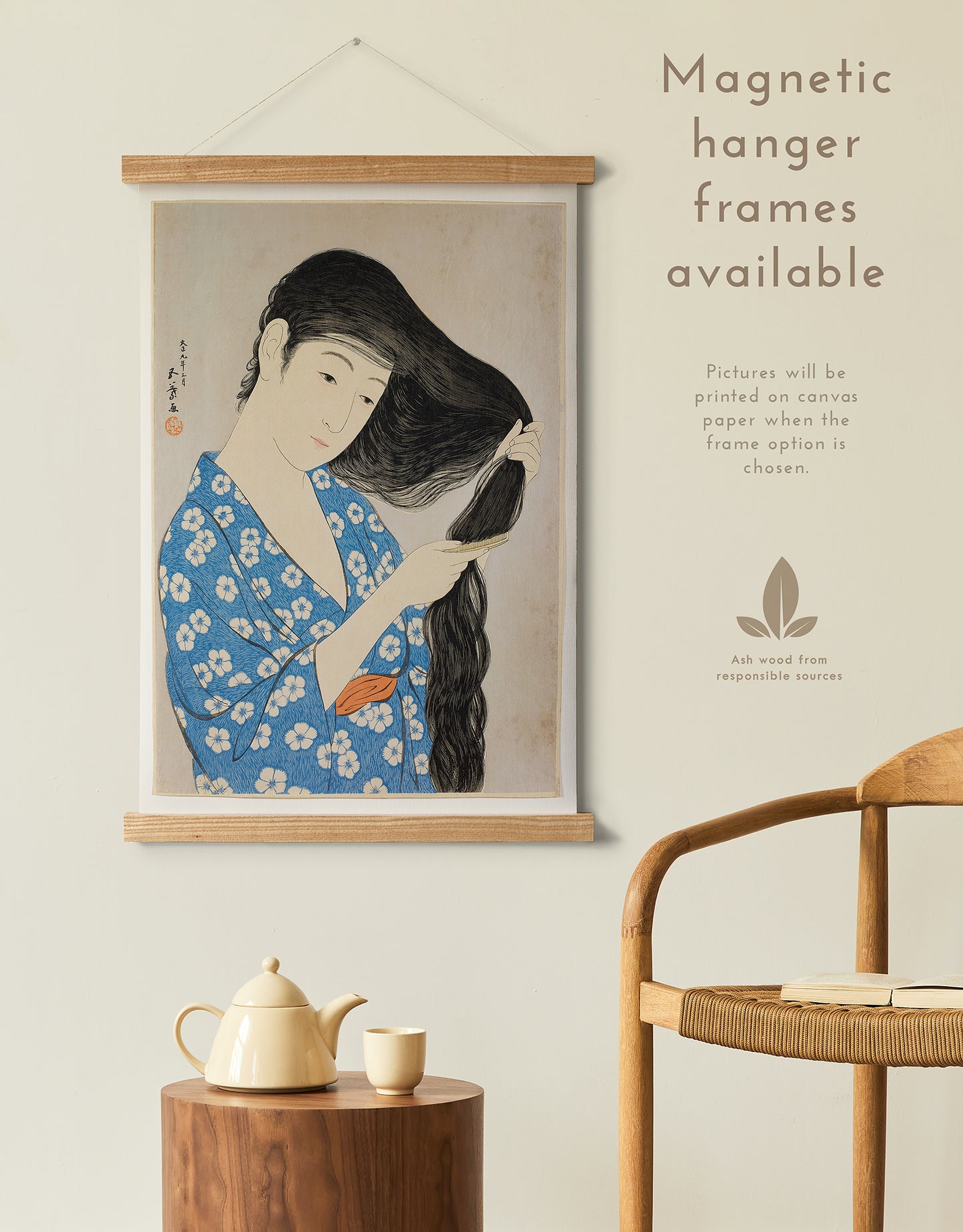 Preview of the art print Woman Combing Hair by Goyo Hashiguchi, mounted in a magnetic hanger frame